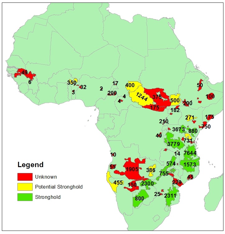 Lion Strongholds around Africa and their estimated populations from Riggio et al 2013